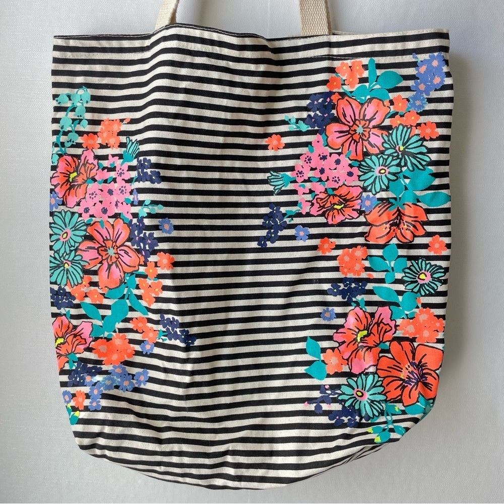 Old Navy Cotton Canvas Tote Bag Black Stripes Bright Multicolor Flowers